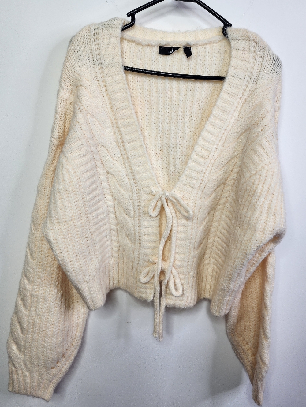 Khailyn Ivory Cable Knit Tie-Front Cardigan Sweater, Large